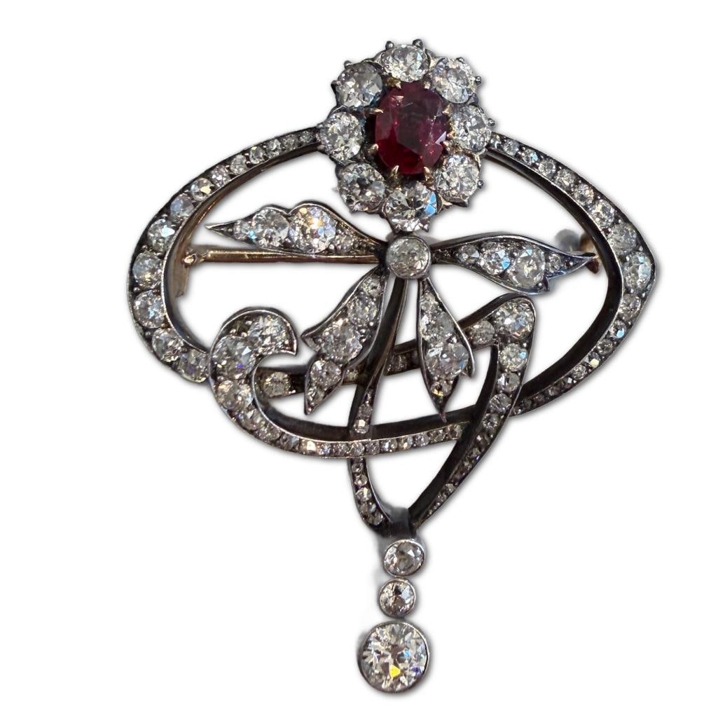 Early Edwardian Belle Epoque 14k Ruby and Diamond Brooch (1 of 2)