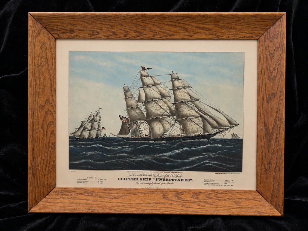 Framed Nautical Lithograph of the Famous 1853 Clipper Ship Sweepstakes (1 of 5)