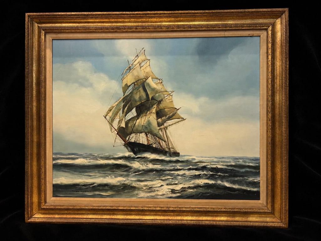 Large Nautical Seascape by James Blade: Large Nautical Seascape by James Blade. This lot includes one (1) oil on canvas seascape by British artist James Blade. The painting measures approximately 43.25" x 35.25" framed, with th