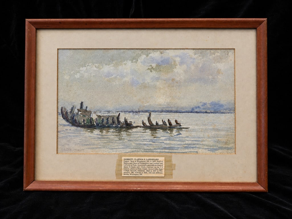 Lakespeare Watercolor by Delaware Artist Clawson S. Hammitt 1857-1927: Lakescape Watercolor by Delaware Artist Clawson S. Hammitt, 1857–1927. This lot includes one (1) watercolor on paper depicting a tranquil lakeside scene by Delaware artist Clawson Shakespea
