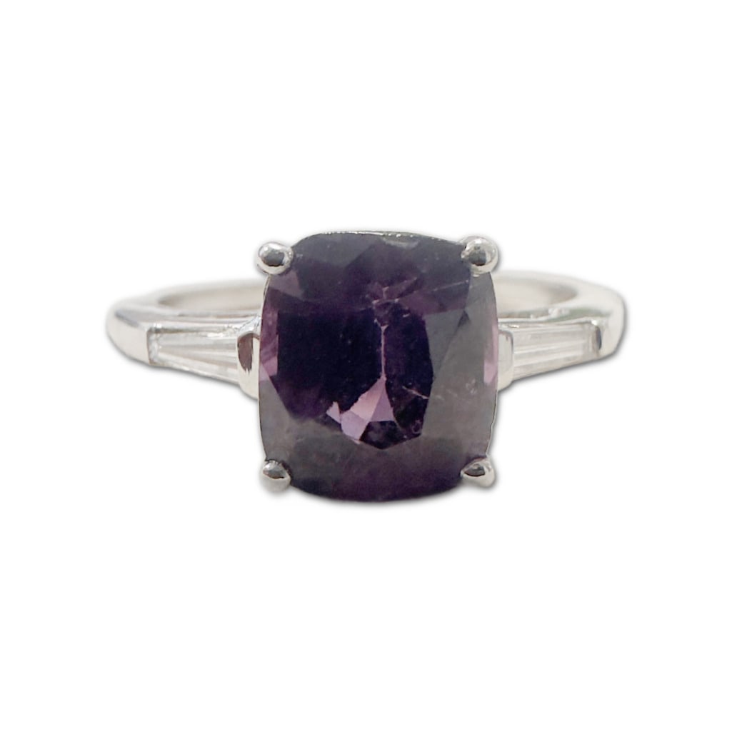 14K White Gold Natural Purple Spinel & Diamond Ring: 14K White Gold Natural Purple Spinel & Diamond Ring.This Ring Includes One (1) Natural Cushion Brilliant Faceted Cut Spinel (7.6 x 6.73mm), Weighing 2.01 Carats. The Spinel has an Intense Purple