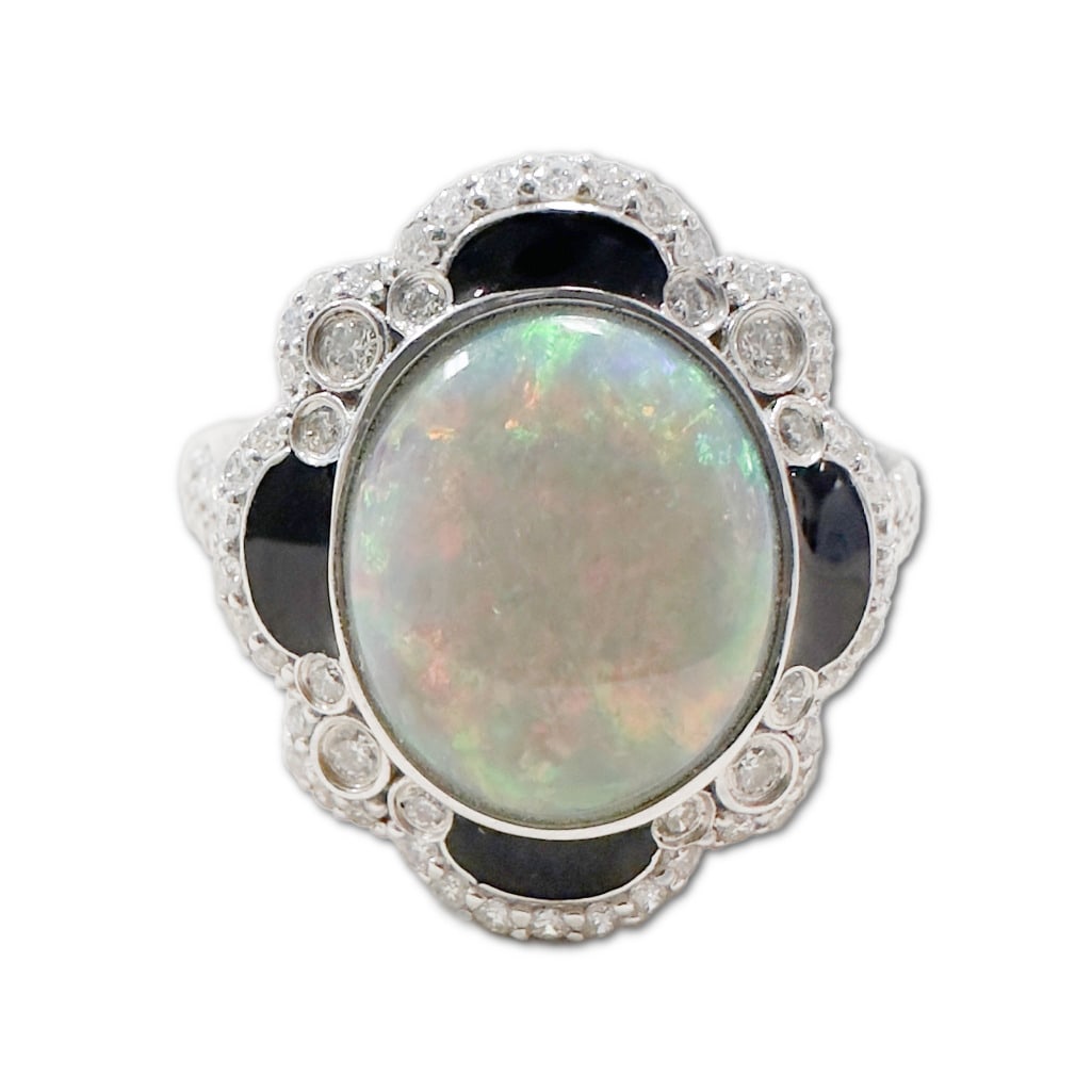 Aaron Gofflieb Platinum Opal & Diamond Ring: Aaron Gofflieb Platinum Opal & Diamond Ring. This Ring Includes One (1) Oval Double Cabochon Natural Opal (11.93 x 9.42 x 3.07mm), Weighing 2.17 Carats. This Ring also Includes Seventy-Eight (78)