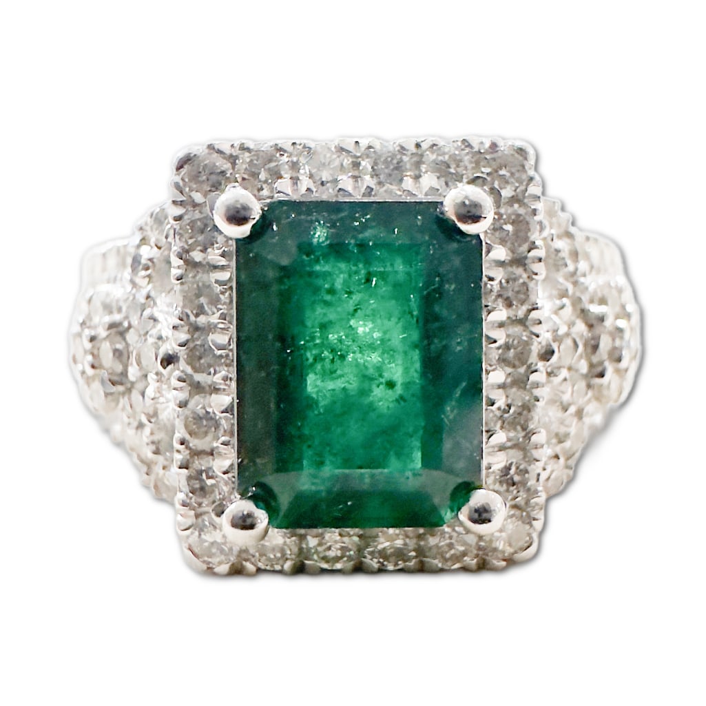 Oscar Friedman Platinum Emerald & Diamond Ring: Oscar Friedman Platinum Emerald & Diamond Ring. This Ring Includes One (1) Octagonal Natural Beryl Emerald (8.2 x 6.2 x 4.2mm), Weighing 1.61 Carats. This Ring also Includes Eighty-Two (82) Round