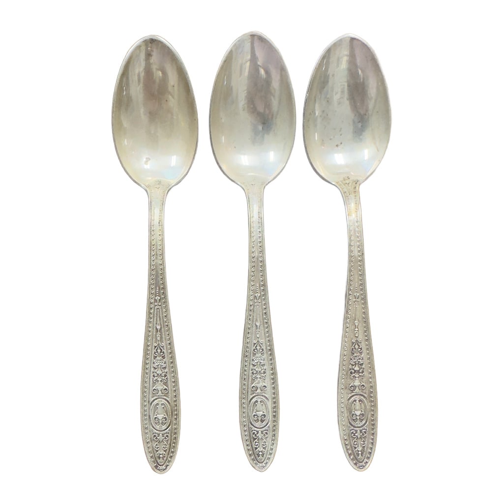 Set of 3 International Silver Company Wedgwood Sterling Silver Teaspoons: Lot of 3 Sterling Silver Teaspoons in the Wedgwood pattern. Known for its elegant, classic design featuring ornate scrollwork and a French-inspired aesthetic, it remains one of the most sought-after
