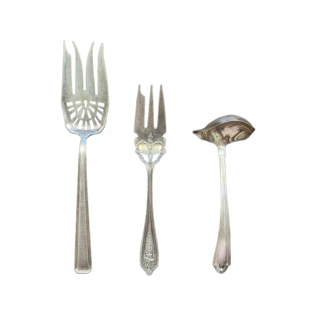 Lot of 3 Sterling Silver Flatware Pieces: This Lot Includes One (1) Dominic & Haff 6" Basket of Flowers Fork, One (1) Sterling Silver Manufacturing Company 5.5" Victorian Gravy Ladle, & One (1) Rosewell Blackington & Co. 8"