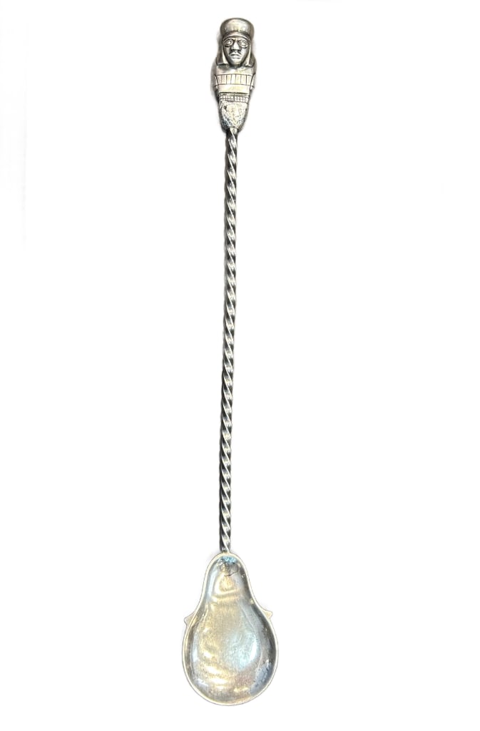 Vintage Sterling Silver Peruvian Cocktail Stirrer or Chocolate Spoon: One (1) Vintage Peruvian Sterling Silver Cocktail Stirrer or Chocolate Spoon. This handcrafted sterling silver utensil features a finely detailed figural finial, believed to depict a Wari dignitary, r