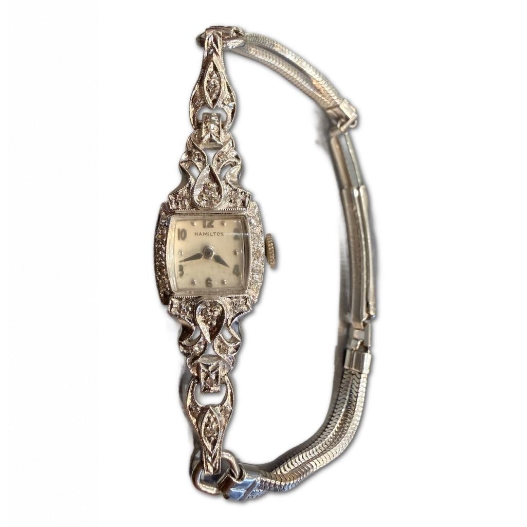 Platinum Art Deco Hamilton Ladies Wrist Watch with Diamonds 12k Gold Filled Bracelet. (1 of 1)