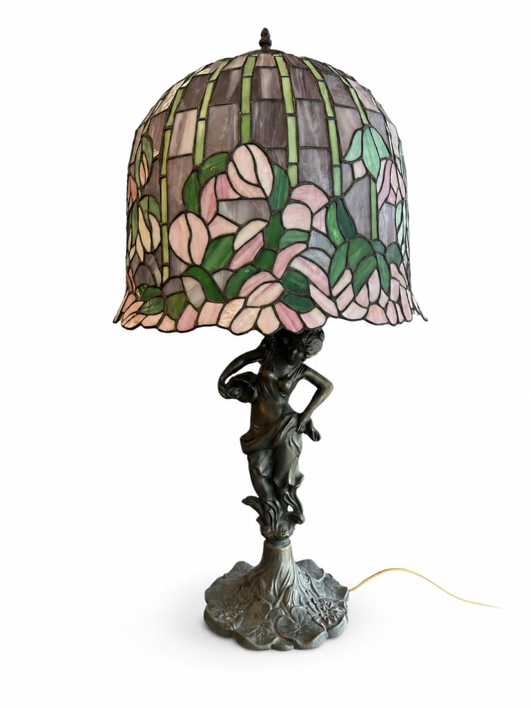 Large Tiffany Style Figural Based Lamp with Lotus Pattern Shade (1 of 3)