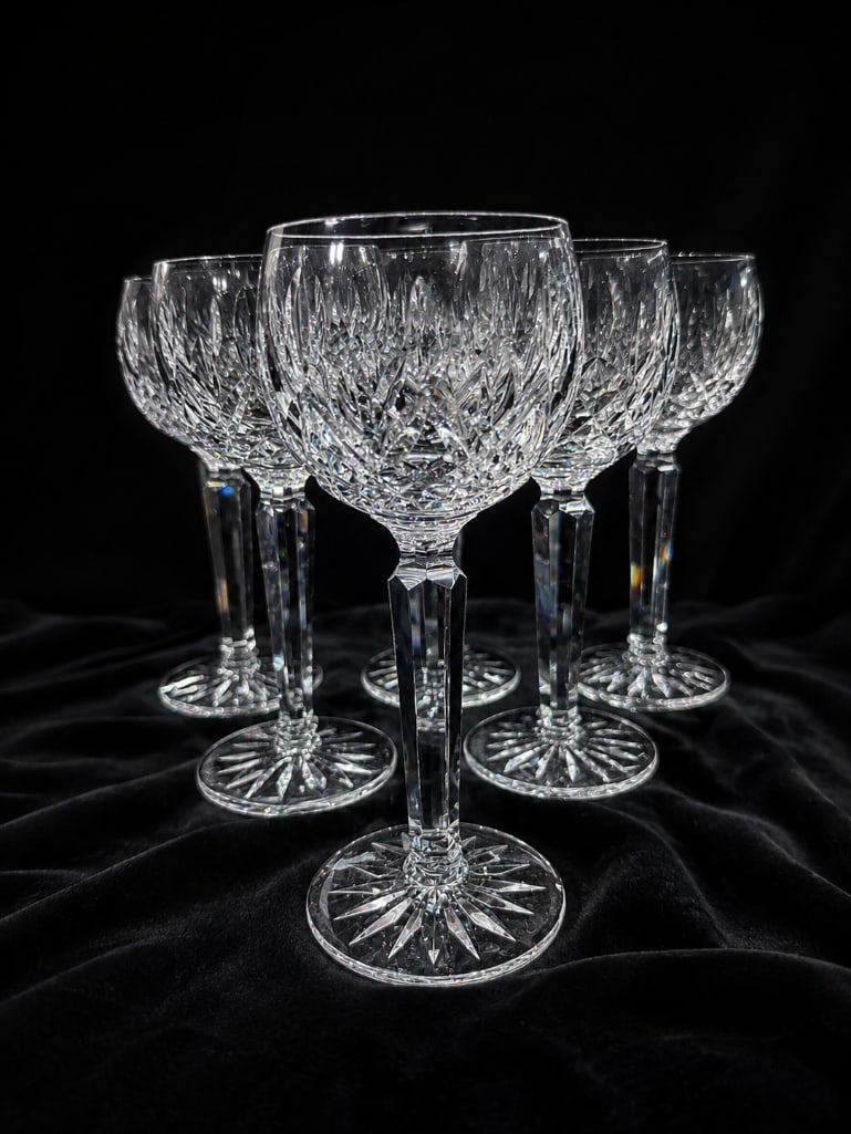 Collection of Irish Waterford Lismore Hock Wine Glasses: Collection of Waterford Lismore Hock Wine Glasses. This lot includes six (6) Waterford Crystal Lismore Hock wine glasses, each measuring approximately 7" in height & 3" in diamet