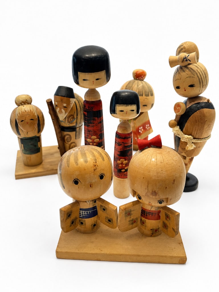 Collection Vintage Japanese Kokeshi Dolls: Collection Vintage Japanese Kokeshi Dolls. Assortment of eight (8) vintage Japanese hand-painted wooden kokeshi dolls, featuring traditional turned forms and distinct regional expressive fa