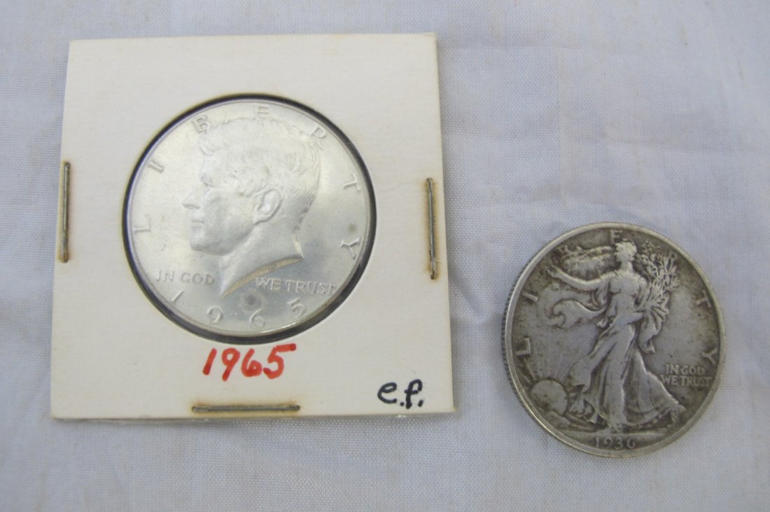 1936 Walking Liberty Half Dollar and 1965 Kennedy Half : 1936 Walking Liberty Half Dollar and 1965 Kennedy Half Dollar