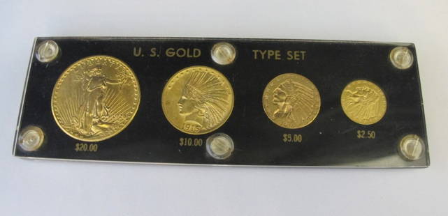 US Gold Type Set To Include 1928 Twenty Dollar Gold, 19: US Gold Type Set To Include 1928 Twenty Dollar Gold, 1915 Ten Dollar Gold, 1916-S Five Dollar Gold and 1910 Two and a Half Dollar Indian Gold