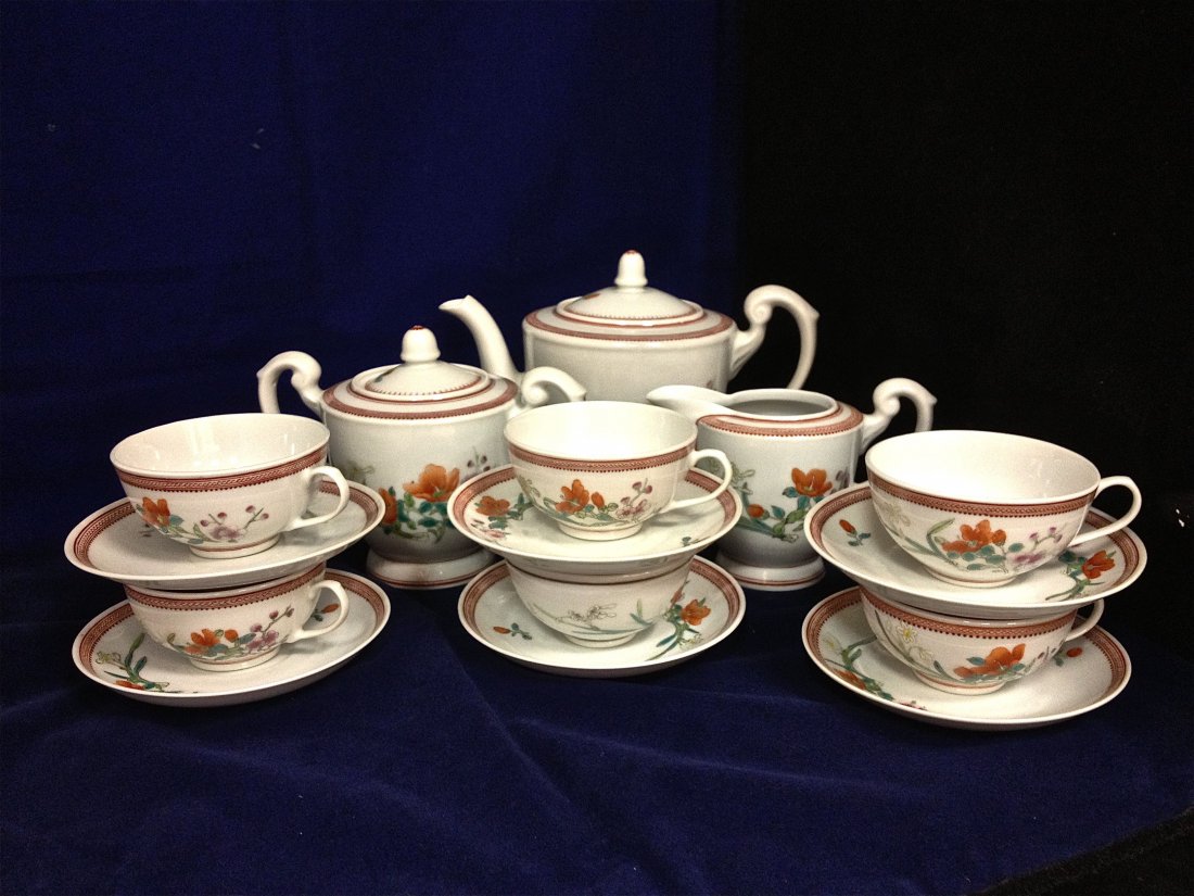 Chinese Porcelain Tea Set: Chinese Porcelain Tea Set to Include Tea Pot, Sugar, Creamer, 6 Cups and 6 Saucers. Made in The People's Republic of China