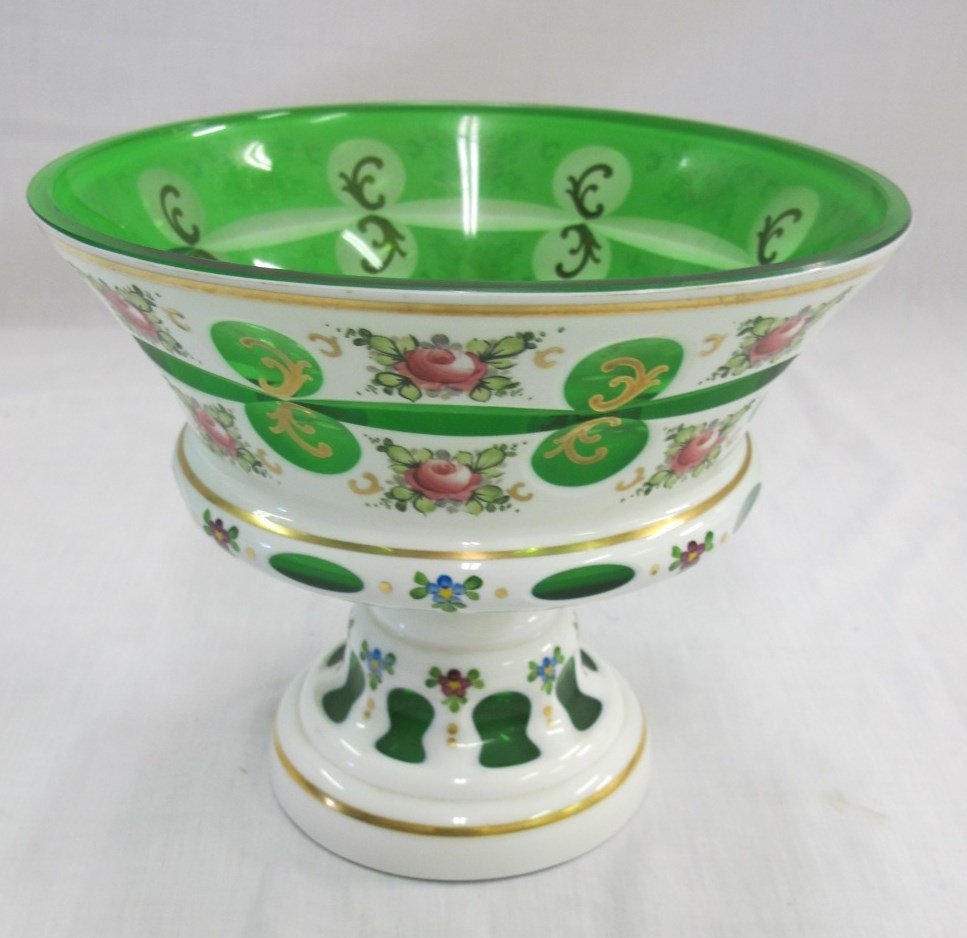 Bohemian Art Glass Cut to Clear Compote Milk Glass: Bohemian Art Glass Cut to Clear Compote Milk Glass to Emerald Glass in a Floral Design with Gilt Accents