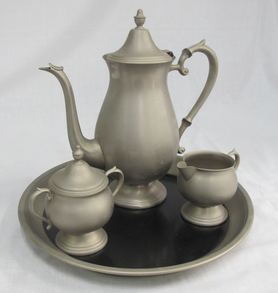 Pewter Tea Set Including Tea Pot, Sugar, Creamer and Tr: Pewter Tea Set Including Tea Pot, Sugar, Creamer and Tray