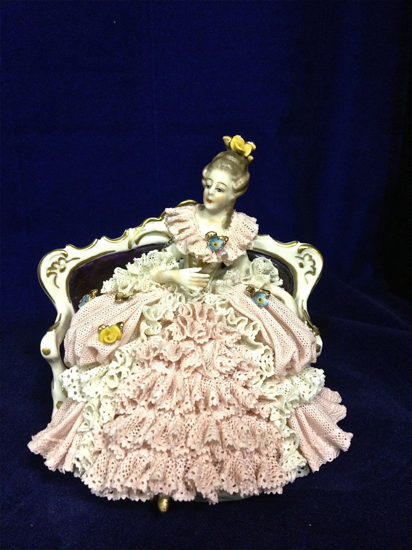 Dresden Style, Dipped Lace Porcelain Figurine, Germany: Dresden Style, Dipped Lace Porcelain Figurine, Germany, 4 1/2" Tall