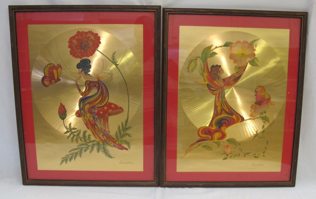 2 Michelle Emblem Rare Gold Foil Art, 19" x 24": 2 Michelle Emblem Rare Gold Foil Art, 19" x 24" Poppy Nymph & Rose Nymph, Signed