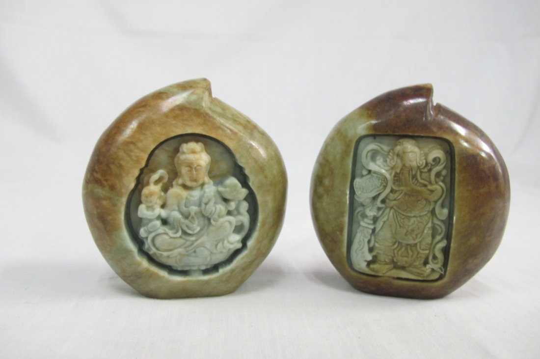 2 Peach Jade Carvings: 1 Kwan Yin, 1 General Guan: 2 Peach Jade Carvings: 1 Kwan Yin, 1 General Guan