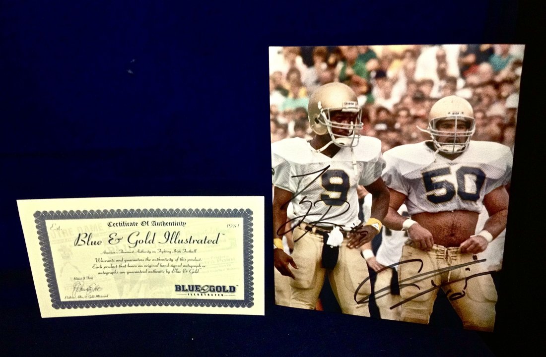Autographed Photograph of Tony Rice & Chris Zorich form: Autographed Photograph of Tony Rice & Chris Zorich former Notre Dame Football Players. Chris Zorich went on to play for the Chicago Bears & Washington Redskins. 8x10 w/ COA