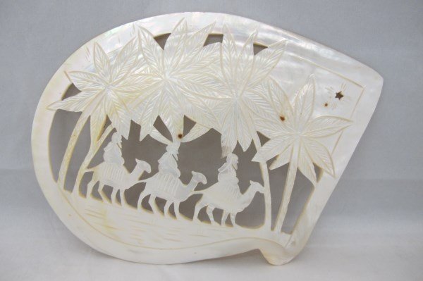 Carved Mother of Pearl Plaque, The Three Wise Men, 6" x: Carved Mother of Pearl Plaque, The Three Wise Men, 6" x 4 3/4" by George Lippincott. The George A. Lippincott Button Factory was located on Union Street in the heart of the town, in the building acros