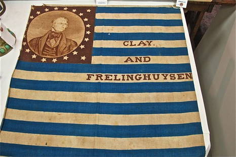 Clay and Frelinghuysen Campaign Flag, Printed Blue and: Clay and Frelinghuysen Campaign Flag, Printed Blue and White Stripes with Half Length Sepia Portrait of Clay in Canton with 26 Stars Surround Clay/AND/ Frelinghuysen on White Stripes; from the