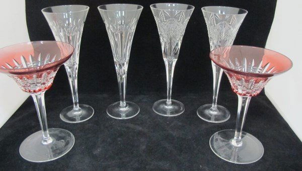2 Waterford Butterfly Champagne Flutes, 2 Waterford: 2 Waterford Butterfly Champagne Flutes, 2 Waterford Heart Champagne Flutes and 2 Waterford Cranberry Margarita Glasses