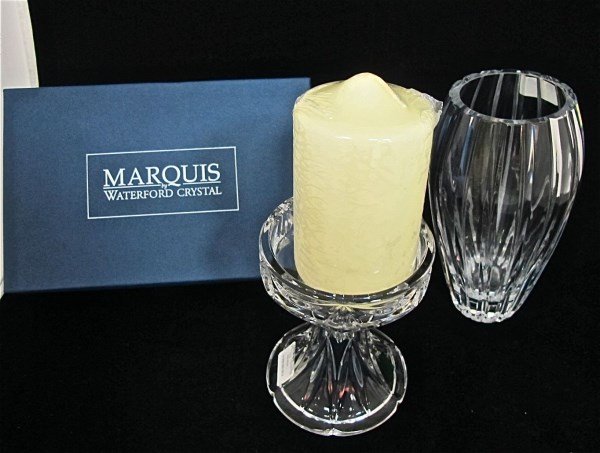 Marquis by Waterford Crystal 7 1/2" Palladia Vase and: Marquis by Waterford Crystal 7 1/2" Palladia Vase and Pillar Candle Holder in Original Box