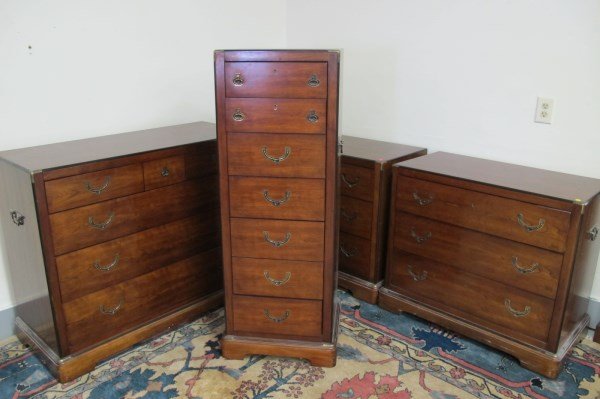 Bedroom Set to Include: Pair of Matching Three Drawer: Bedroom Set to Include: Pair of Matching Three Drawer Dressers, Campaign Chest and Seven Drawer Campaign Style Lingerie Tall Chest