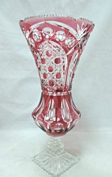 Bohemian Cranberry Cut to Clear Glass Trumpet Vase, 13: Bohemian Cranberry Cut to Clear Glass Trumpet Vase, 13 1/2"