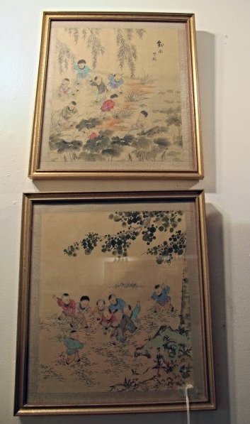 Two Asian Watercolors Depicting Children at Play, 15" x: Two Asian Watercolors Depicting Children at Play, 15" x 17" Framed