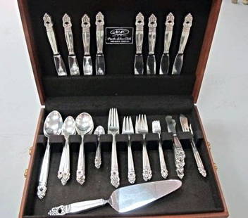 International Royal Danish Sterling Flatware Set: International Royal Danish Sterling Flatware Set to Include 7 Dinner Forks, 8 Salad Forks, 8 Dinner Knives, 7 Teaspoons, 7 Cream Soup Spoons, 8 Demi Tasse Spoons, 5 Cocktail Forks, 6 Butter Knives, 1