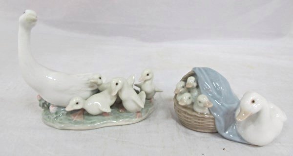 2 Lladro Porcelain Figurines of Ducks #4895 & #1307: Two Lladro Porcelain Figurines of Ducks with their Ducklings, Ducks #4895 and Ducklings #1307, Made in Spain