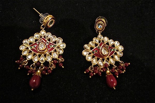 22K Over Sterling Silver Enamel & Stone Earrings: 22K Over Sterling Silver Enamel and Stone Decorative Earrings, India