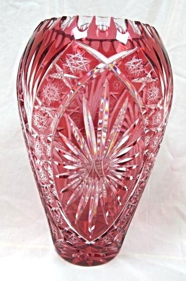 Bohemian Cranberry Cut to Clear Glass Vase, 14" high: Bohemian Cranberry Cut to Clear Glass Vase, 14" high