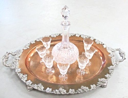 Thomas Webb, England, Wellington Pattern Cut Crystal: Thomas Webb, England, Wellington Pattern Cut Crystal Decanter with 7 Cut Crystal Sherry/Cordials on a Copper and Silver Tray