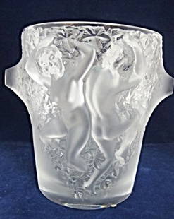 Lalique Molded and Frosted Ice Bucket Ganymede: Lalique Molded and Frosted Ice Bucket, Ganymede, of Tapering Cylindrical Form, Decorated with Nudes and Amidst Foliage, Signed Lalique France, 9"h, ca1970