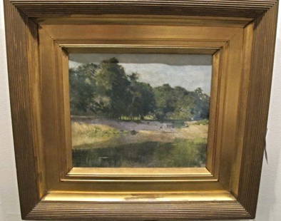 The River Bank Landscape by William Langston Lathrop: The River Bank Landscape by William Langston Lathrop (1859-1938), 22"x24". The founder of the New Hope Pennsylvania Impressionist Colony, he was known as one of America's premier landscape painters in