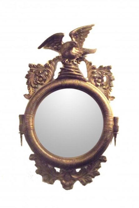 19th Century American Federal Girandole Convex Mirror: 19th Century American Federal Carved and Gilded Girandole Convex Mirror, Spread Winged Eagle Finial, Two Candle Arms and Leafy Base, 42"x26"