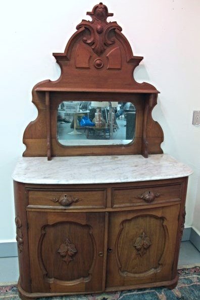 Hand Carved Victorian Two Piece Marble Top Sideboard: Hand Carved Victorian Two Piece Marble Top Sideboard with Mirror Back, 79"h x 46"w x 20 1/2"d
