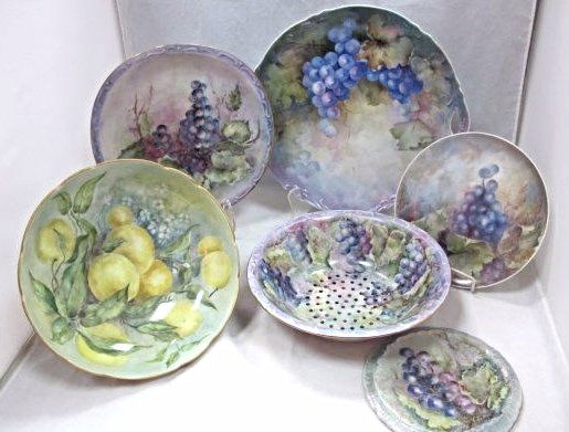 Collection of Painted Porcelain: Collection of Painted Porcelain to Include: 9" Fruit Bowl, Limoges Creme Brulee Footed 9 1/2" Bowl, 12"x11" Tray, 9 1/2" Plate, 8" Plate and 6 1/2" Trivet
