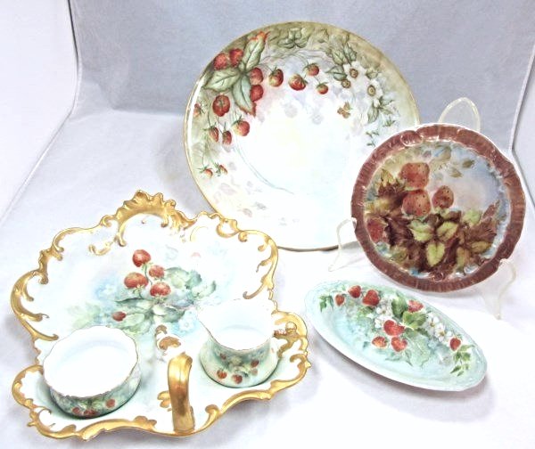 Collection of Hand Painted Porcelain: Collection of Hand Painted Porcelain to Include: Giraud Limoges Large Thumb Hole Condiment Dish with Attached Sugar & Creamer, Silesa 10" Bowl, 6 1/2" Trivet and Small Finger Dish