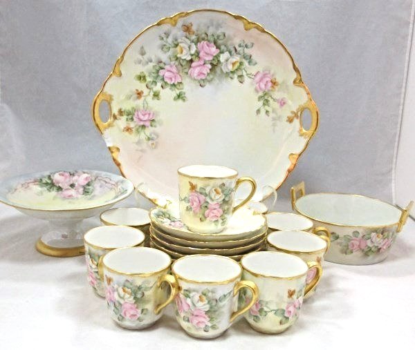 Haviland Limoges Hand Painted Demi Tasse Cups and: Haviland Limoges Hand Painted Demi Tasse Cups and Saucers: 9 Cups, 9 Saucers and Bavarian Thomas Hand Painted Tray (Chipped), Grace Harding Hand Painted Compote and EA Spear Hand Painted Wine Coaster