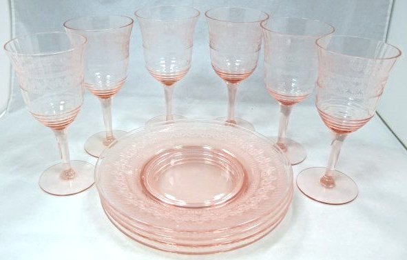 Collection of Pink Depression Glass: Collection of Pink Depression Glass to Include: 6 Wine Glasses and 4 Plates
