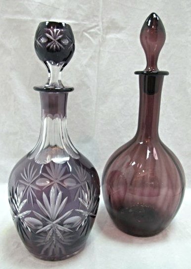 Bohemian Amethyst Cut to Clear Decanter, 11" and: Bohemian Amethyst Cut to Clear Decanter, 11" and Amethyst Cambridge Glass Decanter (with 2 small fractures-damaged), 12"