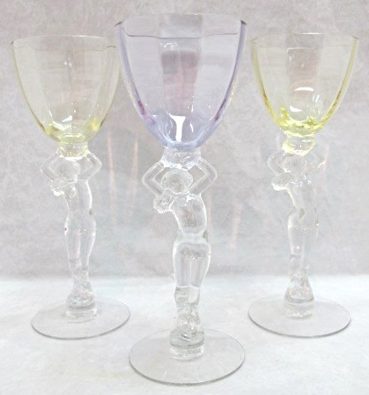 3 Cambridge Glass Glasses, Statuesque Line 7 3/4" Tall: 3 Cambridge Glass Glasses & 3/4" Tall, Statuesque Line, 2 Yellow, 1 Blue