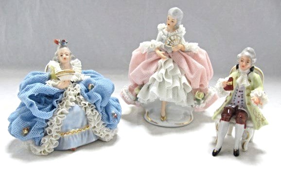 Dresden Dipped Lace Porcelain Figurines: Dresden Dipped Lace Porcelain Figurine of a Woman in a Pink Dress, Mint Condition, No Damage to Lace, 4" tall and German Dipped Lace Porcelain Figurine of a Woman in a Blue Dress, Some Damage, 3" tall
