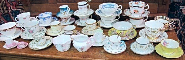 Collection of 25 Assorted Cups & Saucers Sets: Collection of 25 Assorted Cups & Saucers Sets Including: Royal Crown Derby, Coalport, Limoges, Royal Doulton, Shelley, Royal Albert, Ansley, Spode/Copeland, Rosenthal and Shelley Sugar & Creamer