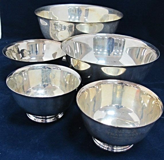 Collection of Silverplated Bowls: Collection of Silverplated Bowls to Include: 10" Diameter Sheridan Bowl, 8" Diameter International Bowl, 6" Diameter Paul Revere Bowl, 5" Diameter Webster Wilcox Bowl and 5" Diameter International Bow