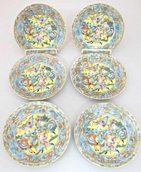 Six Antique Chinese Export Rose Famille Warrior Design: Six Antique Chinese Export Rose Famille Warrior Design Painted Plates, 19th Century