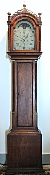 Daniel & Nathaniel Munroe Mahogany Tall Clock: Daniel & Nathaniel Munroe Mahogany Tall Clock, Concord, Massachusetts, c. 1805. Inlaid Mahogany Daniel Munroe Tall Case Clock "Daniel Munroe" , painted moon dial, period pendulum and weights, fretwork
